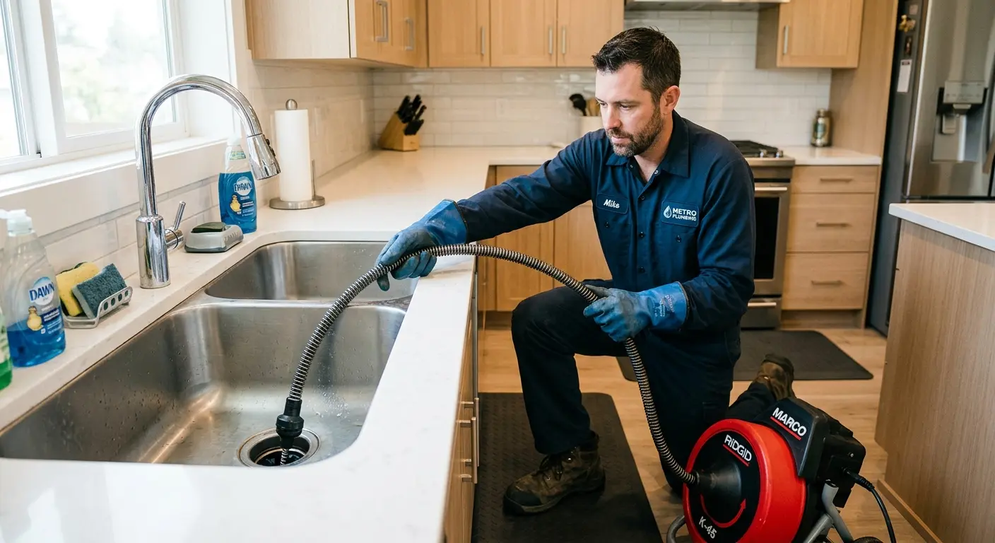 Drain cleaning technician using a motorized snake on a kitchen sink in Wilna