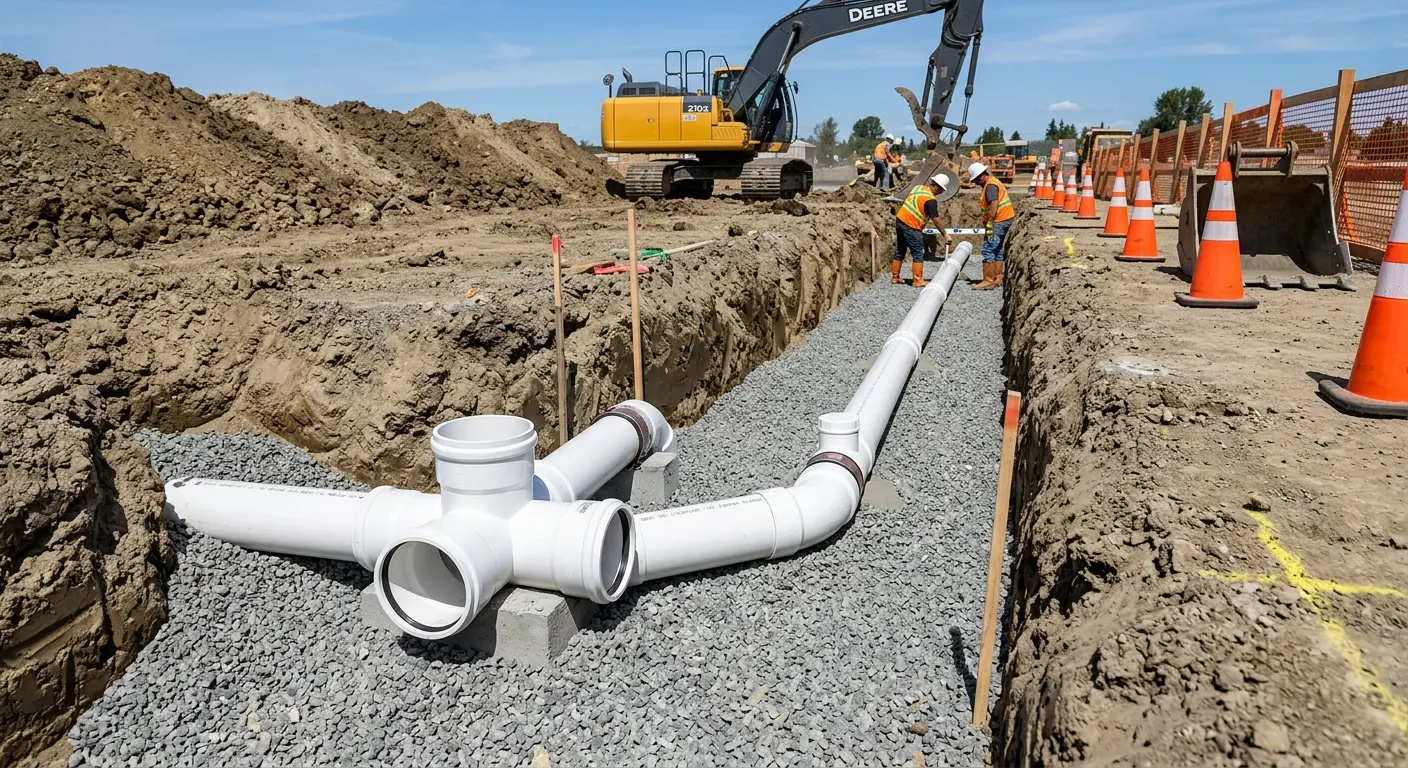New PVC sewer pipe installation in open trench for Grease Trap Cleaning in Wilna