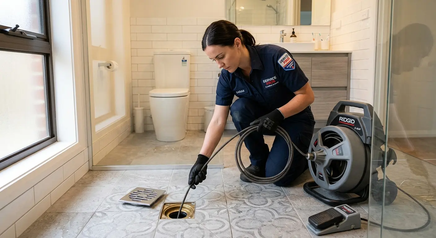 Technician clearing a bathroom floor drain for Drain Repair in Wilna